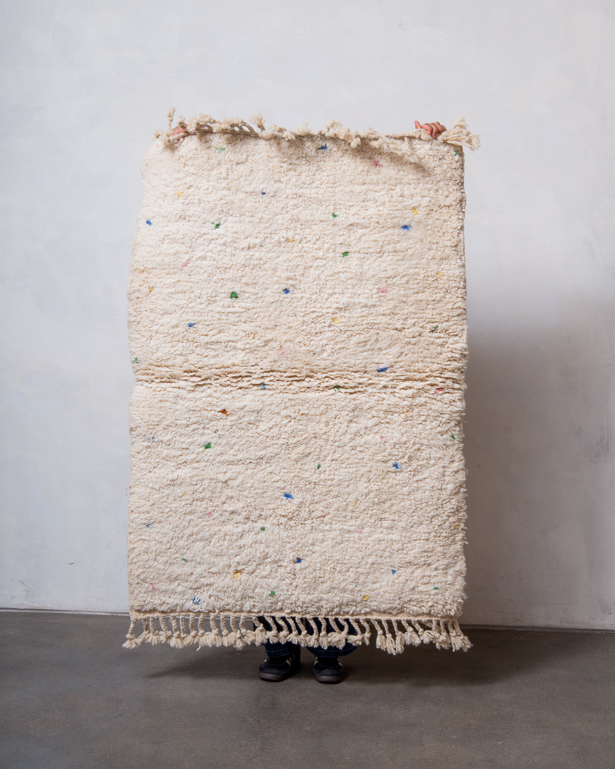 Modern, designer, handcrafted Berber rug from Morocco. Beniourain carpet with beautiful colours and patterns and fluffy wool texture.